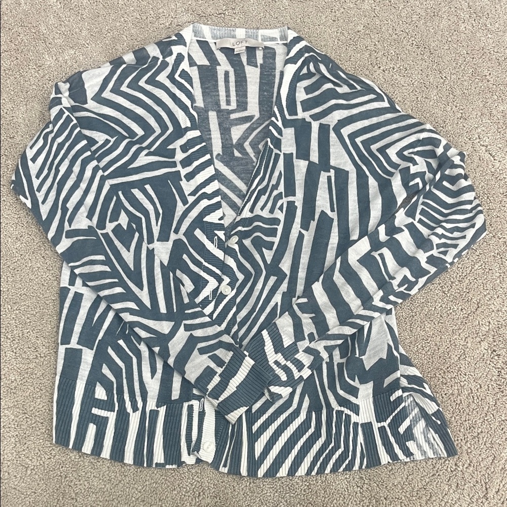 LOFT Navy and White Geometric Cardigan